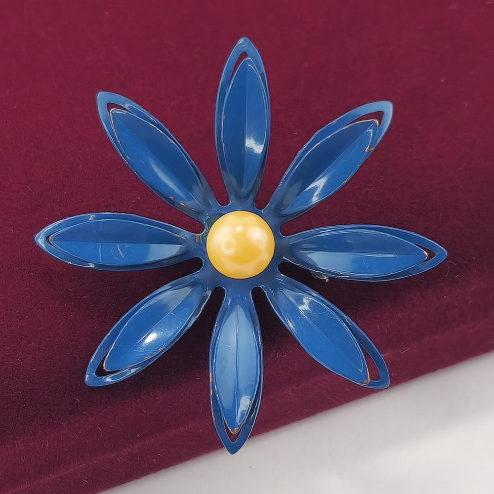 Vintage Blue Enamel Flower Brooch Yellow Cabochon Mod Flower Power Pin